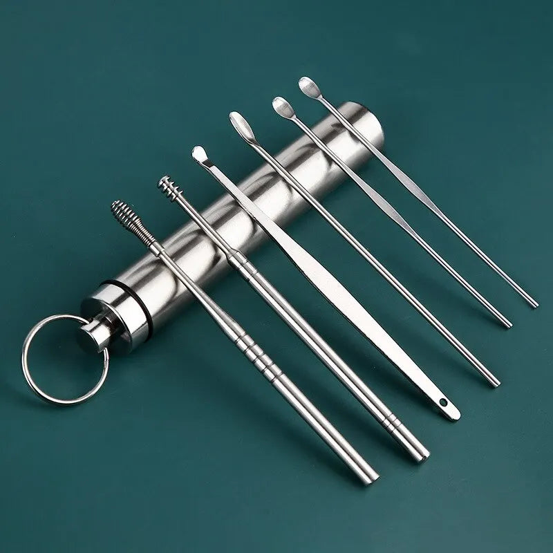 Ensemble de cure-oreilles en acier inoxydable, 2 kit de 6 pièces